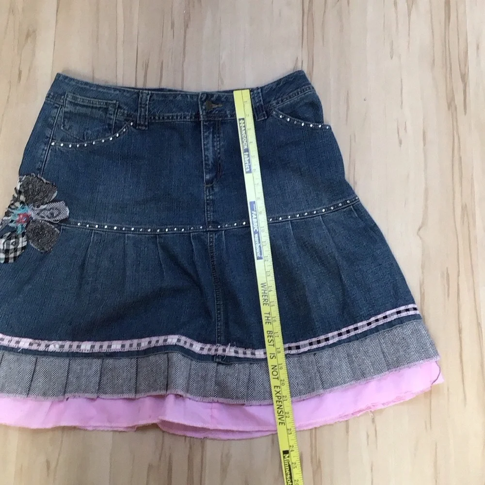 Y2K Rhinestone Bling Plaid Flower Ruffled Blue‎ Jean Denim Pleat Twee Mini Skirt